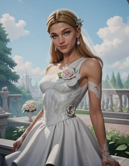 1girl, blue eyes, outdoors, blonde, bride dress<lora:Invisible_Woman_-_Marvel_Rivals:0.7> sue_storm (smile:0.5) <lora:Pony_DetailV2.0:2>, looking at the viewer, beautiful, slim, wide hips, bridal veil, score_9, score_8_up, score_7_up, score_6_up, (ultra sharp focus)