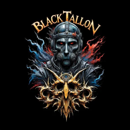 ("BLACKTALON" text logo:1.3) Zombie soldier wearing a biohazard gas mask, black and gold filigree, navy and gold vapor swirls, black background <lora:Harrlogos_v2.0:0.8>