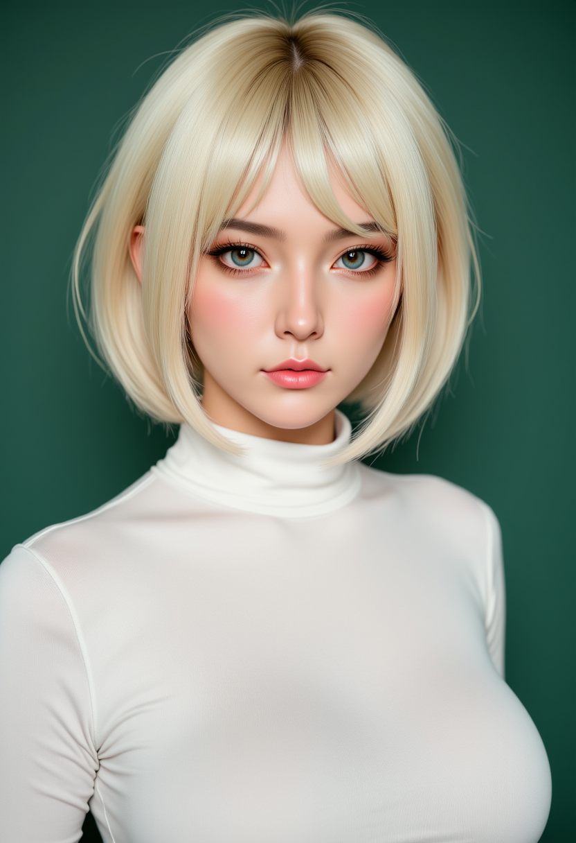 Headshots,masterpiece, a beautiful woman,Hyperrealistic, she is smiling, dynamic angles, multiple angles, photoshoot poses; A photo of A photo of Xiao Wu 156G, a woman with short blonde hair, and blue eyes, she has massive breasts, a beautiful girl,she is wearing a white turtleneck sweater.she has massive breasts, she has piercing eyes. a dynamic pose and a sense of action. simple green background, and the lighting is soft, creating a dramatic effect, creating a focused and dynamic pose.; the scene is set in a beautiful well-lit environment, with a sense of action and adventure. Style: realistic hyper-detailed rendering, 32k UHD, expressive eyes, punk, graphic design, girl's face, pretty and cute, gleaming lips, telling a tale of adventure. Exuding confidence and serenity. The overall mood of the image is happy and relaxed, detailed skin texture,(blush:0.2),(goosebumps:0.3), subsurface scattering,with a playful and whimsical tone,aidmafluxpro1.1, perfection style,