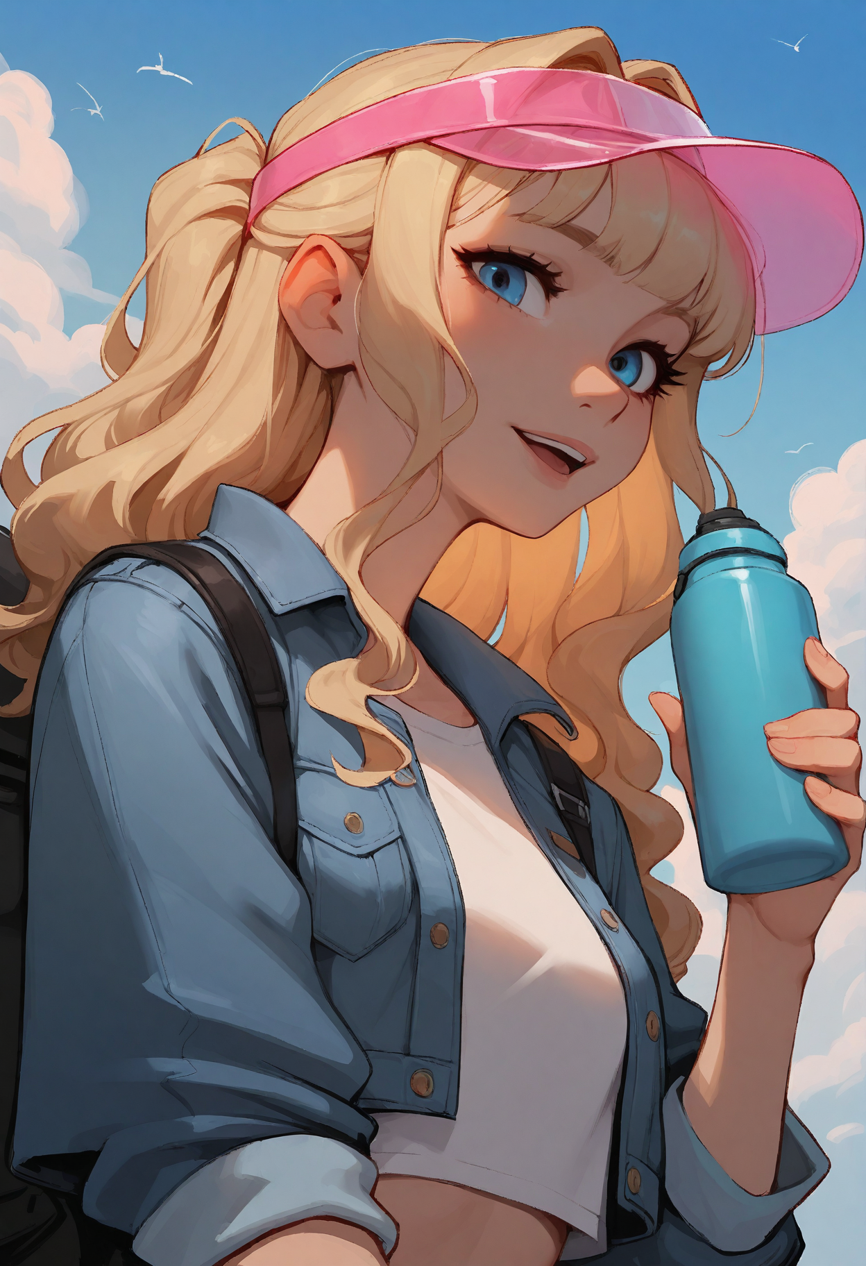 masterpiece, best quality, stylized, 1girl, solo, blonde hair, wavy hair, half updo, sidelocks, choppy bangs, blue eyes, light smile, open mouth, looking at viewer, hand up, holding bottle, aqua thermos, visor cap, pink cap, transparent cap, t-shirt, white shirt, cropped jacket, denim jacket, black backpack, upper body, from below, dutch angle, blue sky, day, cloud, bird