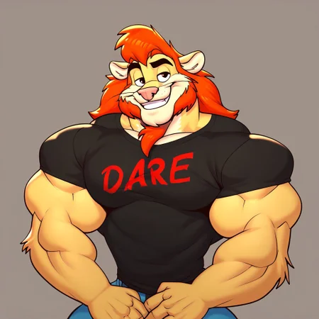 packdaren, yellow fur, orange mane, black t-shirt, "dare", giant man, muscular male, score_8_up, score_7_up, solo, 1boy, muscular male, deep color, flex, center focus, simple background