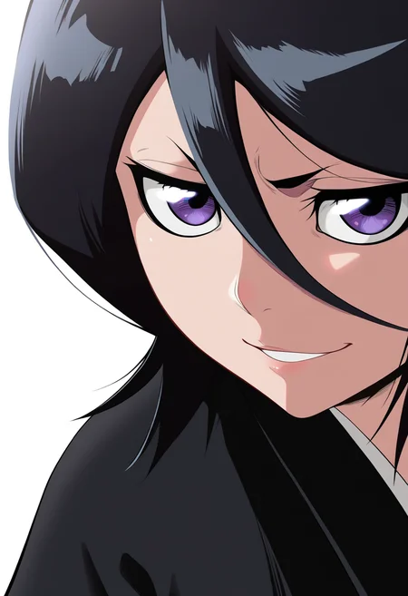 best quality, amazing quality, very aesthetic, absurdres,
1girl, kuchiki rukia, purple eyes, black hair, short hair,
black kimono,
smile, upper body,
looking at viewer, solo, simple background, white background, <lora:RukiaKuchikiNoobXL_byKonan:1>