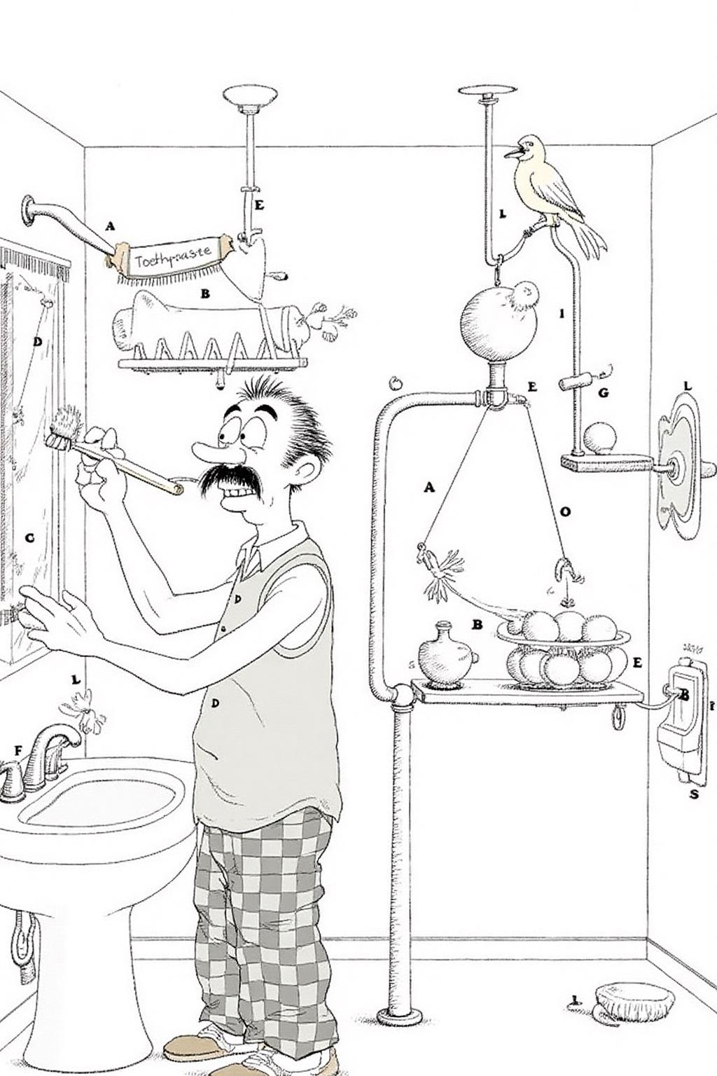 rugo1 illustration.
The central figure is a man with a mustache, wearing a sleeveless shirt, and checkered pants. He is standing in a bathroom with a sink in the lower left corner. The man is brushing his teeth while holding a toothbrush, with a toothpaste tube labeled "Toothpaste" hovering above his head. On the right is a complex contraption containing balls, conveyer blet and a bird. <lora:rugo1_cap_d6a3e11:1.0><lora:828774516265198257:0>