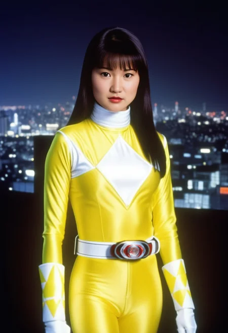 Ellie, cute 19-year-old Japanese woman, serious facial expression, raven centre-parting straight very-long with slight-bangs with slight-bangs with slight-bangs haircut, wearing yellow power ranger costume, yellow spandex catsuit, white collar, white gloves, white boots, white belt, holstered weapon, wide big brown eyes, small breasts, narrow waist, narrow hips, very-slim body, sitting square-on, holding fruity neon glowing girly cocktail with straw, cuddling with muscular male red power ranger, at neon-lit high-table, legs slightly-apart, facing camera, at midnight, on rooftop in 1980s neon-drenched midnight Tokyo skyline, upper body photo, hyperdetailed photography, soft chin
