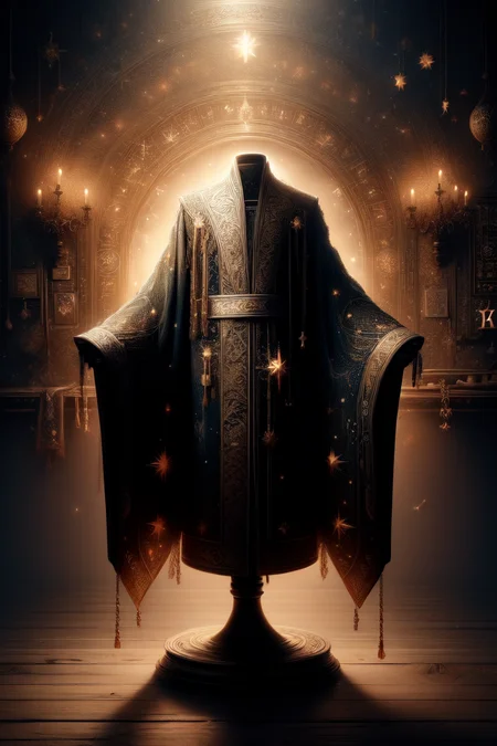 a wizard robe floating over a pedestal, masterpiece, best quality, hdr, 8k, dynamic pose, <lora:Mild detail adjusterV10:0.7>, <lora:more_details:0.3>,   <lora:wizardrope:0.6> Wizardrope <lora:typography-astrology-style-darquelilly-v1:0.7> typologyastrologystyle