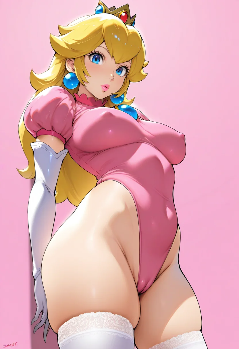 masterpiece, best quality,
<lora:Vadass_Oltlo:1> V4d4ss(0ltl0), 1girl, solo, standing, looking at viewer, princess peach, blonde hair, tiara, pink lips, highleg leotard, skindentation, cameltoe, covered nipples, elbow gloves, thighhighs,