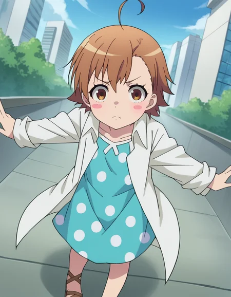 score_9, score_8_up, score_7_up, source_anime,
lastorder, <lora:last-order-acc1-ponyxl-lora-nochekaiser:1>,
last order, last order \(toaru majutsu no index\), short hair, brown hair, brown eyes, ahoge, blush, blush stickers,
dress, blue dress, sandals, polka dot, labcoat, polka dot dress,
outdoors, cityscape,
looking at viewer, dutch angle, cowboy shot,