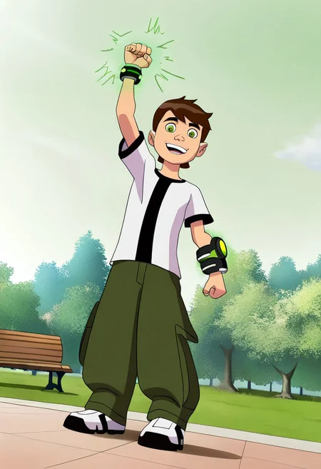 best quality, amazing quality, very aesthetic, absurdres, full body, low angle, solo, 1boy, bentennyson, brown hair, green eyes, shirt, green cargo pants, holding up arm, raised fist, air punch, omnitrix, open mouth, smiling, standing, park, grass, park bench, standing on a park bench,