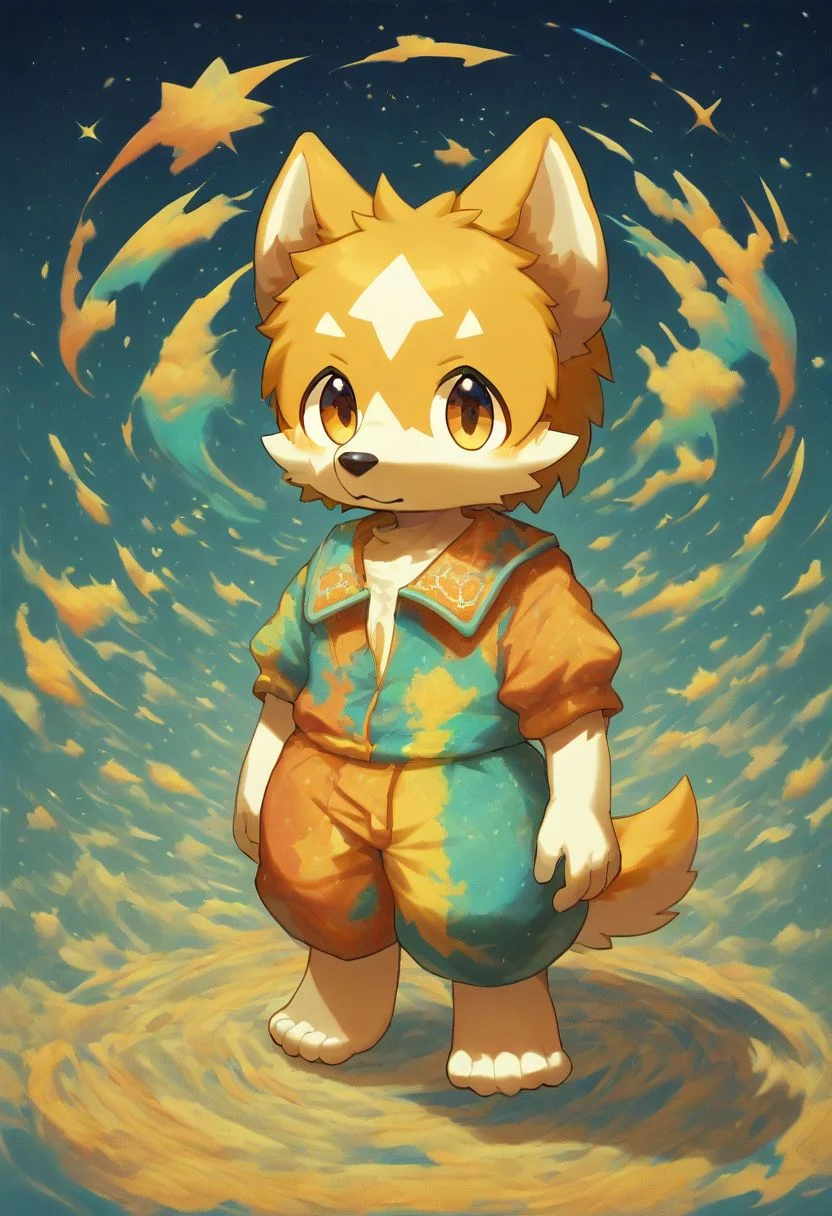 furry, anthro, cute, kemono, male focus, solo, dog, score_9, score_8_up, male, full body, digital art, highly detailed, zPDXL2, SurrealWorld, surreal, wolfdog that wear beauty colorful clothes standing on dreamful space, looking at the viewer