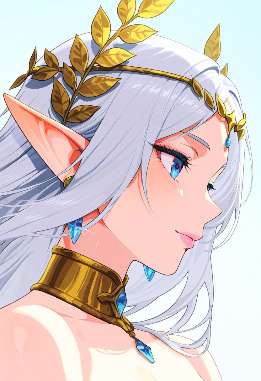 A stunning silver-haired female elf with striking blue eyes, elegantly adorned with a golden laurel headpiece, intricate gemstone jewelry, and a finely crafted choker. She has delicate, ethereal features and a serene expression, embodying grace and mystique. Her long, flowing hair frames her face, her lips are gorgeous luscious and glossy, pink lips, and her pointed ears are adorned with gold and blue crystal earrings. The background is a soft, pure white with gentle green leaves floating around, adding a sense of natural harmony. Rendered in a high-quality anime art style with fine details, soft shading, and a refined color palette, the portrait captures an enchanting fantasy aesthetic in a close-up, side-profile composition.