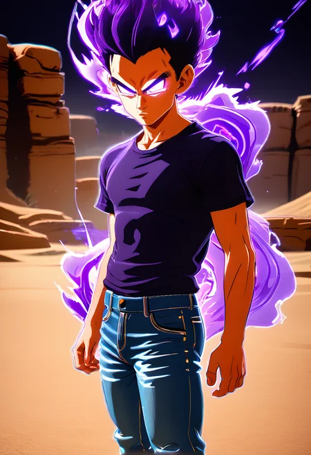 score_9, score_8_up, score_8,
<lora:Sparking_Zero_Style_for_PonyXL:0.8> sp4rk1ngz3r0, 1boy, jeans, shirt, solo, aura, glowing eyes, serious, outdoors, desert, purple aura, chromatic aberration