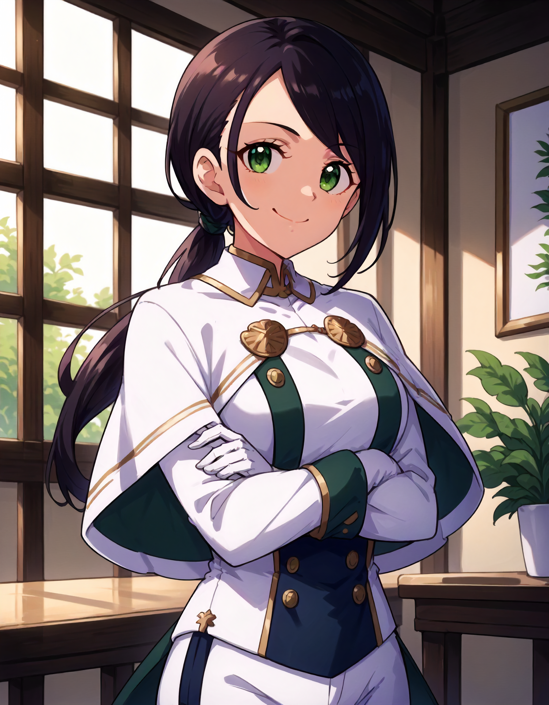 score_9,score_8_up,score_7_up,1girl,solo,looking at viewer,smile,crossed arms,indoors,
<lora:yamatoaki_ponyXLV6:0.8>,cgya,
black hair,low ponytail,green eyes,
white admiral uniform,white capelet,white gloves,white pants