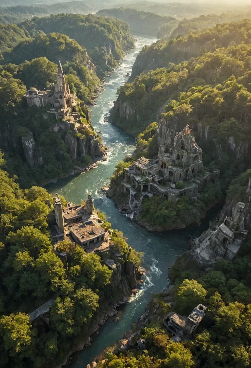 ultra HD, high quality, 4K, (ultra high res:1.8), (masterpiece), (beautiful lighting:1.4) , aerial view of beautiful landscape with a river in the middle, the landscape is a mix of Austria and Amazonia, strange ruins of an abandoned city in the forest, Envision a surreal, dystopian world where arcane forces meet retro-futuristic sci-fi, no human