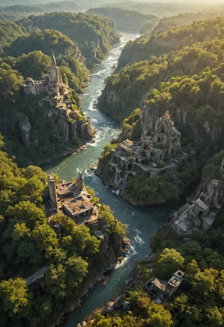 ultra HD, high quality, 4K, (ultra high res:1.8), (masterpiece), (beautiful lighting:1.4) , aerial view of beautiful landscape with a river in the middle, the landscape is a mix of Austria and Amazonia, strange ruins of an abandoned city in the forest, Envision a surreal, dystopian world where arcane forces meet retro-futuristic sci-fi, no human