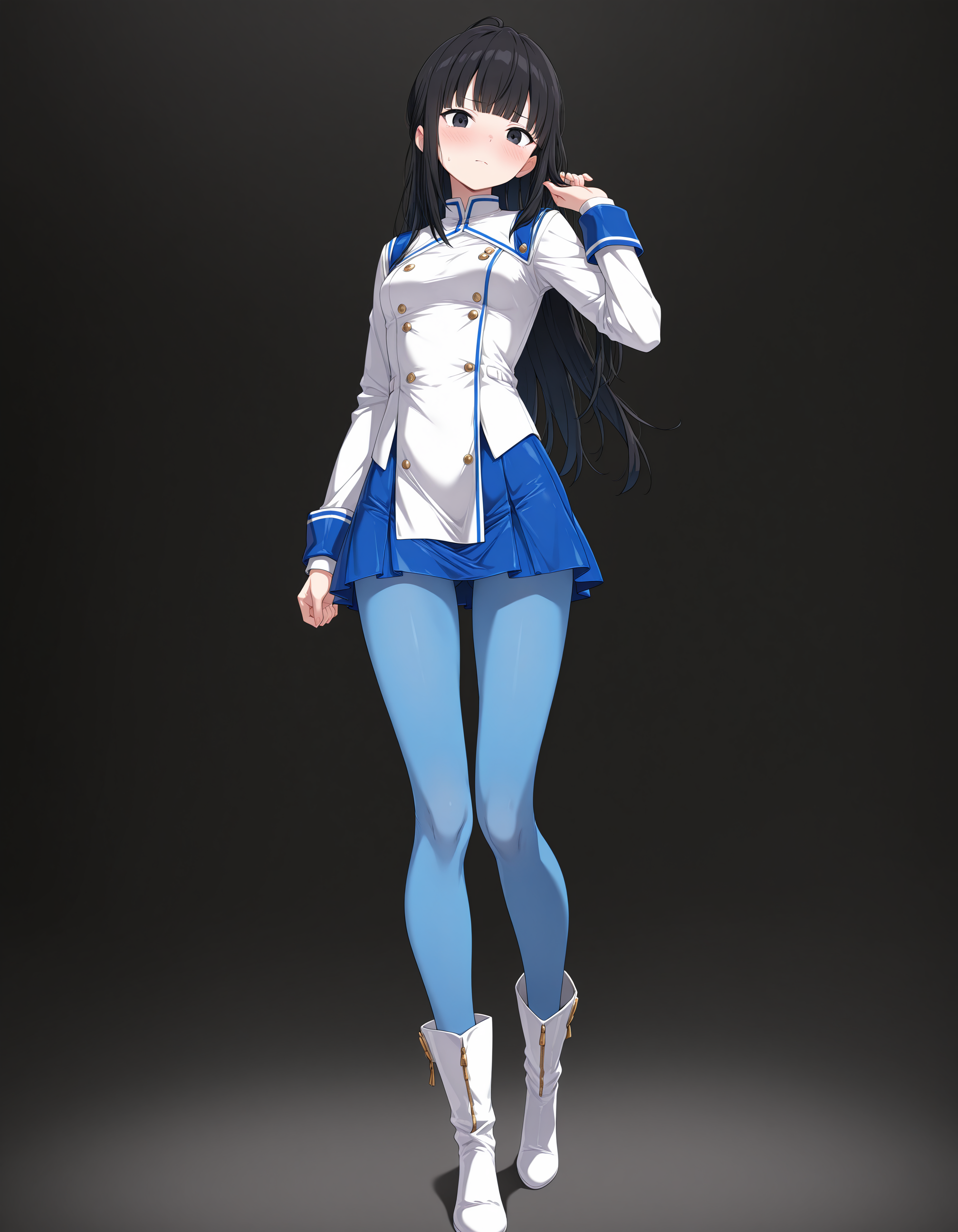 masterpiece,best quality,amazing quality,very aesthetic,high resolution,ultra detailed,perfect details,
1girl,<lora:mai_aigis_blue:1>,mai_aigis_blue_n,1girl, solo, long_hair, breasts, looking_at_viewer, blush, simple_background, shirt, skirt, black_hair, long_sleeves, closed_mouth, standing, jacket, white_shirt, full_body, pantyhose, small_breasts, boots, hand_up, blunt_bangs, miniskirt, black_eyes, blue_skirt, white_jacket, white_footwear, black_background, blue_pantyhose
standing,full body,