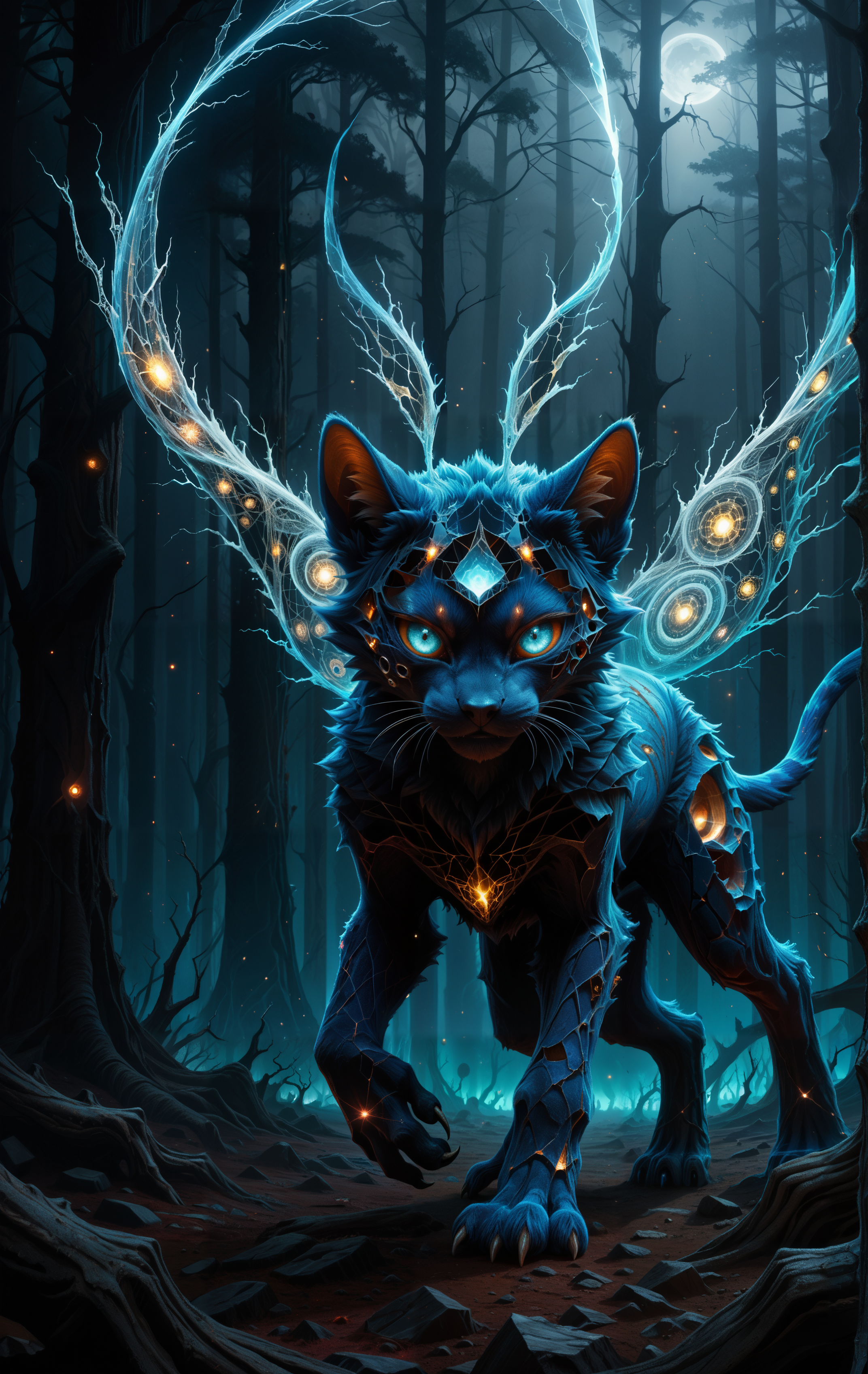 score_9, score_8_up, score_7_up, score_6_up, SV,
SV,
highly detailed digital illustration, shattered void feline creature, fragmented ethereal appearance,
deep vibrant blue fur mixed with glowing void cracks, frosty blue accents breaking into shimmering shards,
piercing sharp eyes, glowing with void energy, hauntingly wise expression,
large pointed ears, fragmented tips glowing faintly, tail dissolving into void mist,
small paws with claws tearing through space, sharp void-infused edges,
surreal misty forest, shattered trees, fractured reality, void energy swirling, eerie atmosphere.