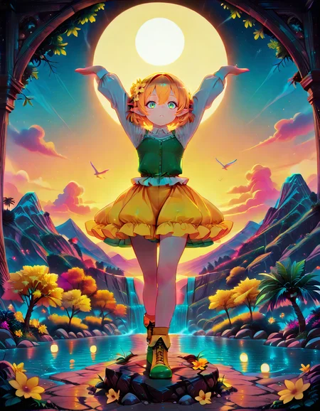 Smooth Quality <lora:michelle_IL:1> michelle, short hair, blonde hair, orange hair, hair flower, pointy ears, elf, green eyes, hair between eyes, yellow flower, aged down, small breasts, white shirt, long sleeves, frills, green vest, yellow skirt, socks, green footwear, yellow footwear, 1girl, arms_up, bird, dragon, moon, mountain, outdoors, scenery, sky, solo, tree, water, waterfall, secluded_island_hut, palm_trees, clear_blue_water, thatched_roof, tropical_setting, inviting_pose, <lora:PinkieNeonAnimeIL:1> pinkneonanime, detailed eyes, detailed face, detailed skin <lora:DetailedEyes_V3:1> <lora:cfg_scale_boost:0.7> <lora:lightingSlider:-1> golden hour (volumetric lighting:1.3), <lora:SkindentationIL3.4_alpha16.0_rank32_full_400steps:3> <lora:Crazy_Btch_-_Psychopath_expression:1> psych0path <lora:ponyv6_noobE11_2_adamW:0.7>