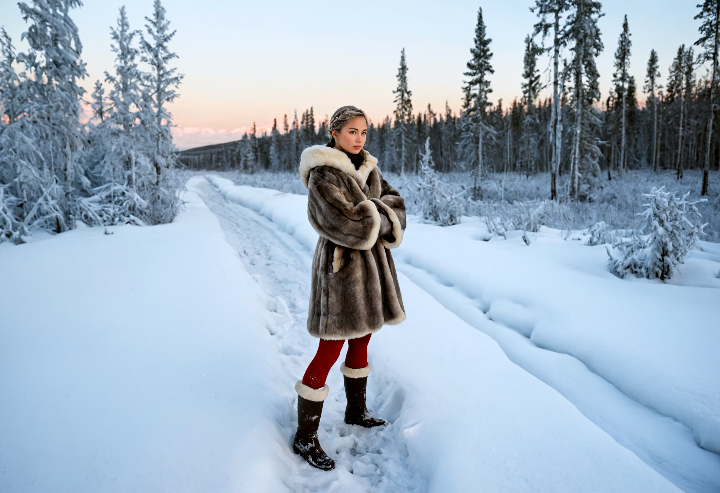 Stable_Yogis_PDXL_Positives, ziprealism, A professional photography in Steve McCurry stvmccrr style, rich colors, cultural portrait, Siberian-Asian, Under the deep indigo hues of a Siberian twilight, the silhouette of a young female hunter emerges against a dense line of evergreens. Snow sparkles faintly in the fading light, while the quiet stillness of the landscape amplifies the hunter's serene yet commanding presence., In the tranquil stillness of a Siberian winter morning, the young female hunter stands tall, her form a vision of power and grace. The thick, fur-lined coat of dark brown and charcoal grey she wears keeps her warm against the biting cold. Beneath it, a fitted tunic adorned with silver embroidery highlights her athletic physique. High-waisted, deep red woolen stockings are tucked into worn leather boots, ready for the challenges of the harsh terrain. The quiet, serene landscape around her amplifies the ancient, mystical atmosphere of the land., Her frost-kissed skin, pale and frosted, glows against the cool, wintry environment. Her platinum blonde hair is pulled up into a tight braid, with small pieces of fur woven through it, embodying the strength and harshness of her surroundings. Her eyes, sharp and determined, are the color of the Siberian sky, bright and piercing., With strong posture and a focused gaze, her hand rests casually on the quiver at her side, ready for the hunt. The delicate yet sturdy design of her traditional Siberian attire embodys centuries of craftsmanship, blending both function and beauty. A pair of small, fur mittens rest at her sides, prepared to shield her hands from the biting cold., The scene offers a sweeping view of the Siberian forest, where snow-laden trees stretch endlessly into the distance. The crisp air feels nearly palpable, as the pristine snow and untouched ice reflect the raw, untamed wilderness surrounding the Siberian huntress., This portrayal recalls the emotional depth of Konstantin Makovskyâs portraits, while the environmental realism echoes the work of Isaak Levitan. The rich textures of the traditional Siberian huntress attire and the frozen landscape are reminiscences of Ivan Kramskoiâs artistic mastery., <lora:add-detail-xl:1.0><lora:Consistency Corrector XL:0.4><lora:stvmccrr:1>âââ