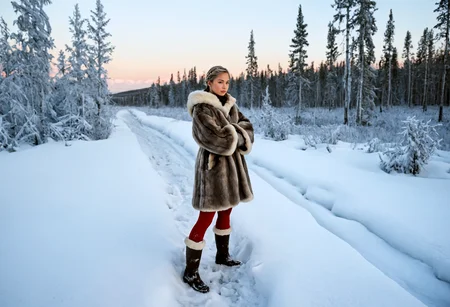 Stable_Yogis_PDXL_Positives, ziprealism, A professional photography in Steve McCurry stvmccrr style, rich colors, cultural portrait, Siberian-Asian, Under the deep indigo hues of a Siberian twilight, the silhouette of a young female hunter emerges against a dense line of evergreens. Snow sparkles faintly in the fading light, while the quiet stillness of the landscape amplifies the hunter's serene yet commanding presence., In the tranquil stillness of a Siberian winter morning, the young female hunter stands tall, her form a vision of power and grace. The thick, fur-lined coat of dark brown and charcoal grey she wears keeps her warm against the biting cold. Beneath it, a fitted tunic adorned with silver embroidery highlights her athletic physique. High-waisted, deep red woolen stockings are tucked into worn leather boots, ready for the challenges of the harsh terrain. The quiet, serene landscape around her amplifies the ancient, mystical atmosphere of the land., Her frost-kissed skin, pale and frosted, glows against the cool, wintry environment. Her platinum blonde hair is pulled up into a tight braid, with small pieces of fur woven through it, embodying the strength and harshness of her surroundings. Her eyes, sharp and determined, are the color of the Siberian sky, bright and piercing., With strong posture and a focused gaze, her hand rests casually on the quiver at her side, ready for the hunt. The delicate yet sturdy design of her traditional Siberian attire embodys centuries of craftsmanship, blending both function and beauty. A pair of small, fur mittens rest at her sides, prepared to shield her hands from the biting cold., The scene offers a sweeping view of the Siberian forest, where snow-laden trees stretch endlessly into the distance. The crisp air feels nearly palpable, as the pristine snow and untouched ice reflect the raw, untamed wilderness surrounding the Siberian huntress., This portrayal recalls the emotional depth of Konstantin Makovskyâs portraits, while the environmental realism echoes the work of Isaak Levitan. The rich textures of the traditional Siberian huntress attire and the frozen landscape are reminiscences of Ivan Kramskoiâs artistic mastery., <lora:add-detail-xl:1.0><lora:Consistency Corrector XL:0.4><lora:stvmccrr:1>âââ