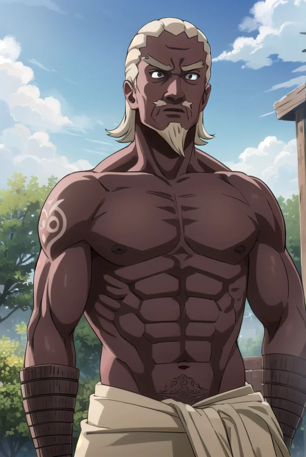 fourthraikage, <lora:fourth raikage-lora-nochekaiser:1>,
fourth raikage, blonde hair, male focus, dark skin, muscular, facial hair, dark-skinned male, muscular male, mustache, bald, (black eyes:1.3),
BREAK tattoo, abs, pectorals, topless male,
BREAK outdoors, forest, nature, trees, grass, sky, clouds, sun,
BREAK looking at viewer, (cowboy shot:1.5),
BREAK <lyco:GoodHands-beta2:1>, (masterpiece:1.2), best quality, high resolution, unity 8k wallpaper, (illustration:0.8), (beautiful detailed eyes:1.6), extremely detailed face, perfect lighting, extremely detailed CG, (perfect hands, perfect anatomy),