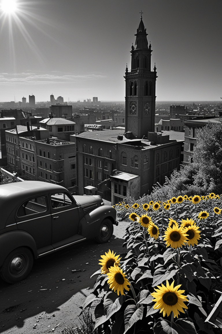 film noir style  A landscape of intertwining labyrinths, where sunflowers bloom with tears instead of petals, casting long shadows over a cityscape filled with crumbling buildings and abandoned cars, The melancholic symphony of silence echoes through the air as the hands of an old clock tower seem to drag time backward, . monochrome, high contrast, dramatic shadows, 1940s style, mysterious, cinematic