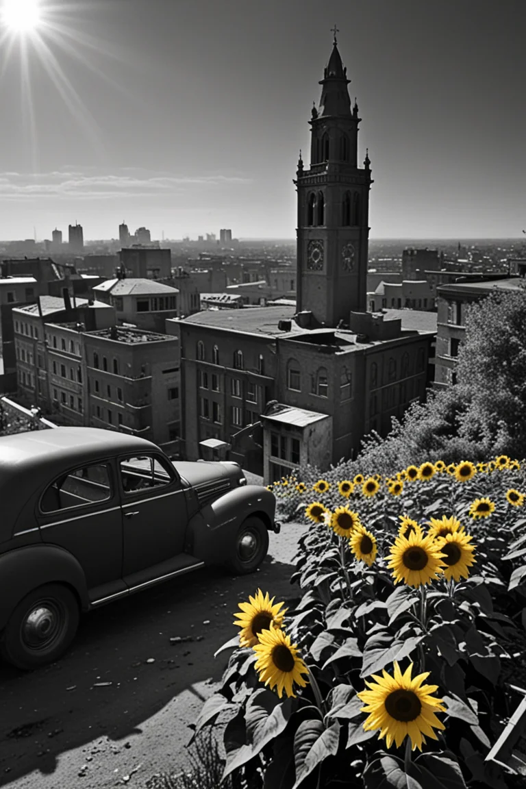 film noir style  A landscape of intertwining labyrinths, where sunflowers bloom with tears instead of petals, casting long shadows over a cityscape filled with crumbling buildings and abandoned cars, The melancholic symphony of silence echoes through the air as the hands of an old clock tower seem to drag time backward, . monochrome, high contrast, dramatic shadows, 1940s style, mysterious, cinematic