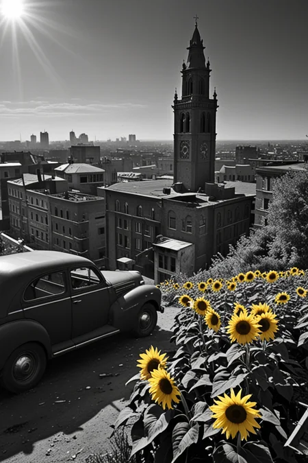film noir style  A landscape of intertwining labyrinths, where sunflowers bloom with tears instead of petals, casting long shadows over a cityscape filled with crumbling buildings and abandoned cars, The melancholic symphony of silence echoes through the air as the hands of an old clock tower seem to drag time backward, . monochrome, high contrast, dramatic shadows, 1940s style, mysterious, cinematic