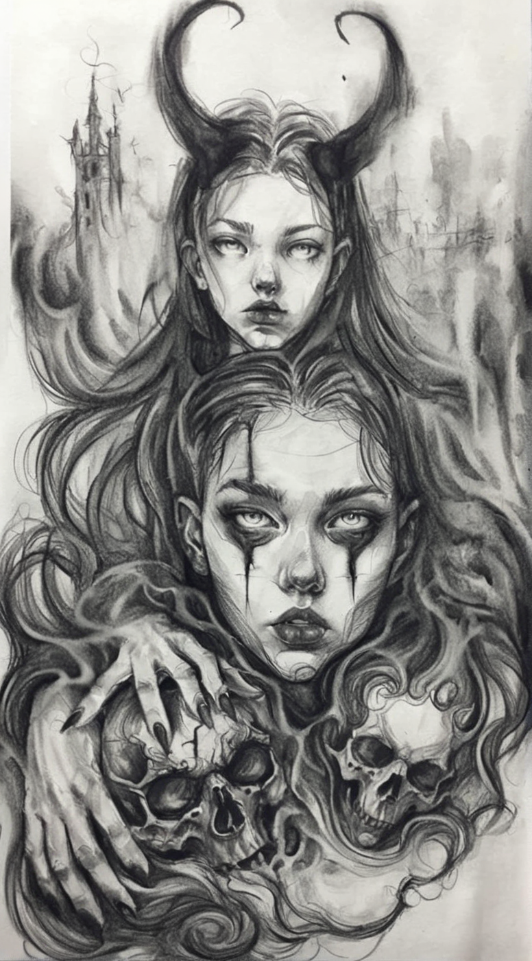 visiblend pencil drawing girl and devil in hell, black ink<lora:visiblend:0.8>