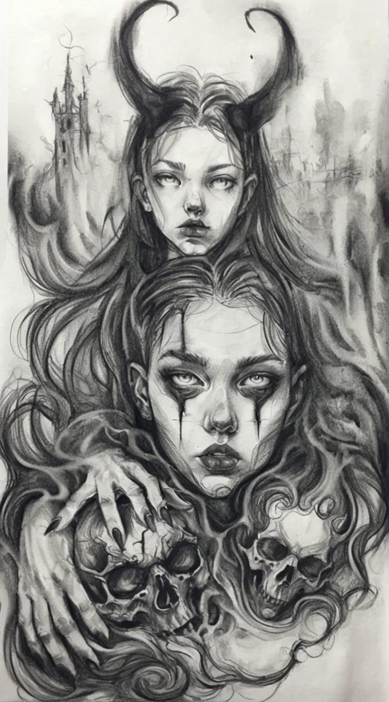 visiblend pencil drawing girl and devil in hell, black ink<lora:visiblend:0.8>