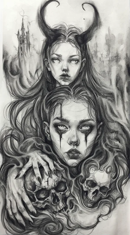 visiblend pencil drawing girl and devil in hell, black ink<lora:visiblend:0.8>