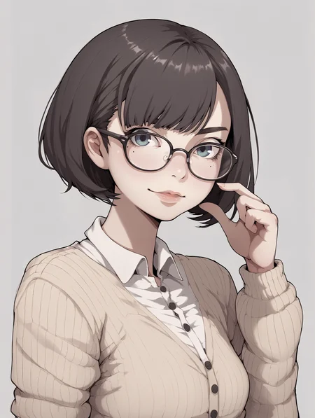 score_9,score_8,score_7,score_6,1girl,looking at viewer,glasses,<lora:inaPonyXL01_100e_8x1:1>,
