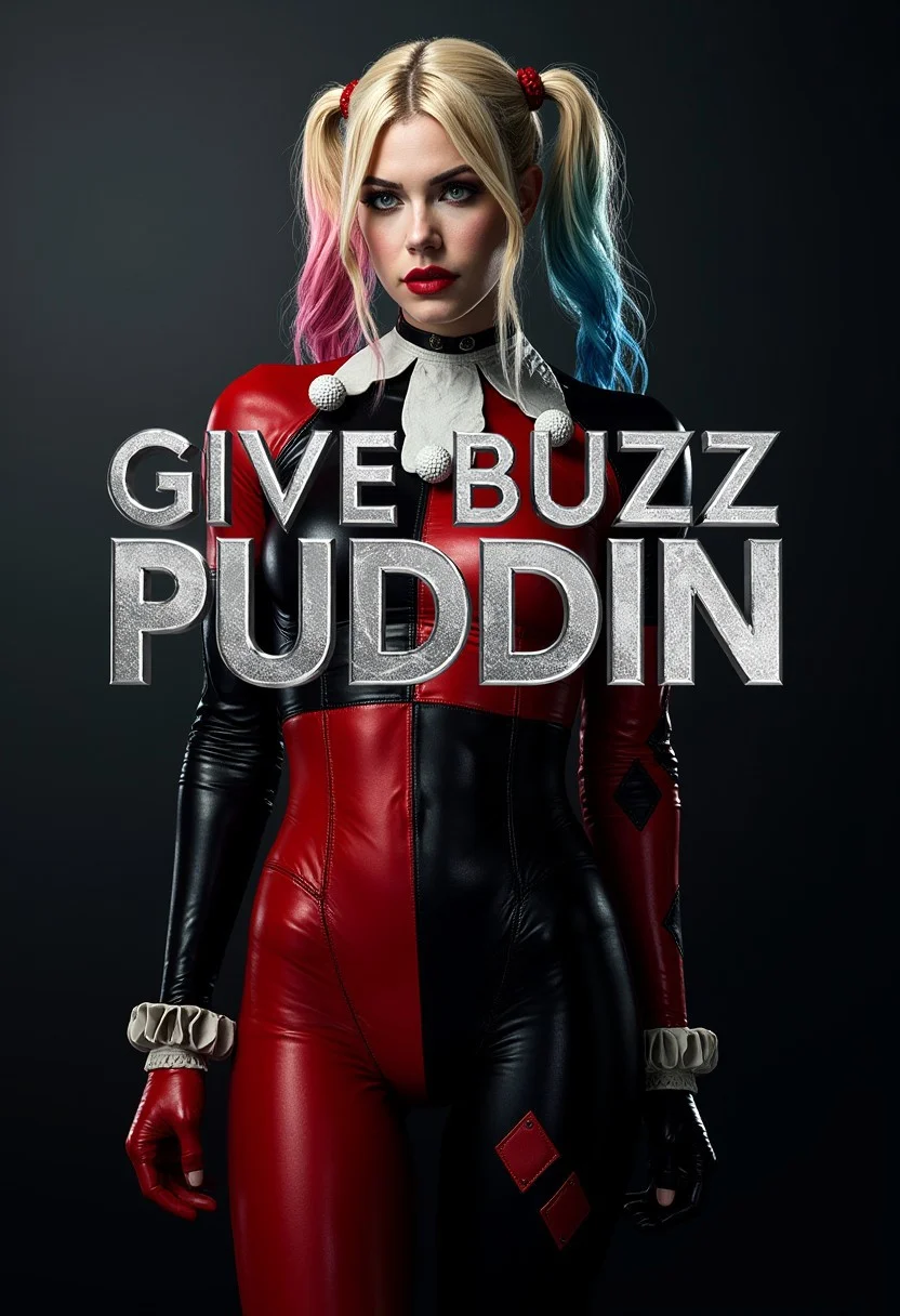 The movie poster reads “give buzz puddin” silver text
Harley Quinn, full length, large size breast