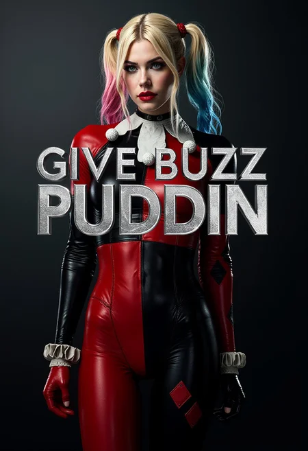 The movie poster reads “give buzz puddin” silver text
Harley Quinn, full length, large size breast