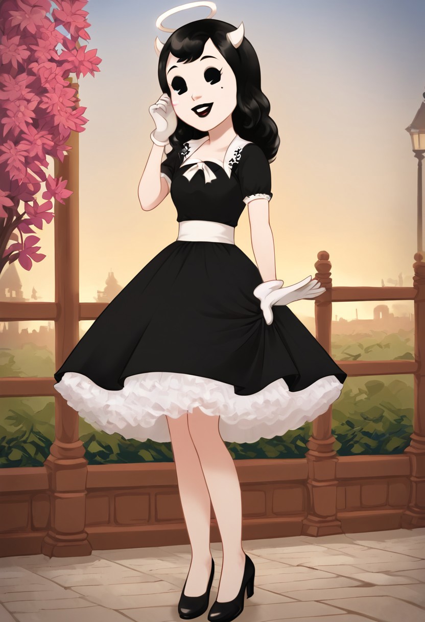 (Masterpiece, best quality:1.2), score_9, score_8_up, flat color, flat shading, soft shading, lighting, Alice Angel in a long 1950's dress, a fluffy frilly ruffled full petticoat, and high heels, dress, layered petticoat, frilly petticoat, fluffy petticoat, full petticoat, wide dress, flowing dress, solid colored skirt, short sleeves, black hair, Bendy and The Ink Machine, series accurate, cute, best high quality, high res, black lips, white colored skin, whole body shot, 1girl, solo, outside, posing, in a garden, cute, adorable, smile, skirt tug, ground level angle, dress lift, cartoon, cartoon style, vector, solo, circle dress, 1950s, alice angel