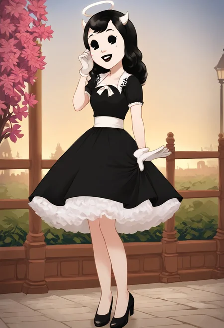 (Masterpiece, best quality:1.2), score_9, score_8_up, flat color, flat shading, soft shading, lighting, Alice Angel in a long 1950's dress, a fluffy frilly ruffled full petticoat, and high heels, dress, layered petticoat, frilly petticoat, fluffy petticoat, full petticoat, wide dress, flowing dress, solid colored skirt, short sleeves, black hair, Bendy and The Ink Machine, series accurate, cute, best high quality, high res, black lips, white colored skin, whole body shot, 1girl, solo, outside, posing, in a garden, cute, adorable, smile, skirt tug, ground level angle, dress lift, cartoon, cartoon style, vector, solo, circle dress, 1950s, alice angel