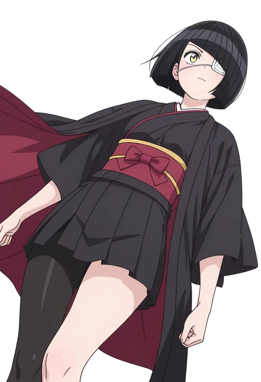 Smooth Quality,masterpiece,very intricate, high quality details, ultra realistic, high detailed skin,detailed enviorement,
simple background, white background,dynamic angle,:|,
single leg pantyhose, ,haori, ,kimono, , <lora:Nakanaka_Omoharu_cnn:0.8> nakanakaomoharucnn, 1girl,black hair, short hair, bangs, bob cut, yellow eyes, eyepatch,