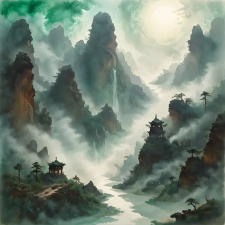 (Ink illustration on parchment, watercolor, ink splashes, Ukiyo-E). ((watercolor)), ((Chinese landscape)), Pagodas, Red-Trees, landscape focus, small figure off-side, Chinese Mountains, Rivers, Clouds, with watercolor washes, (((verdant green landscape))), (((mist, waterfalls))), trees, lush foliage, endless karth mountains that stretch outward to the horizon, a lone woman traversing the landscape!! wearing a bright blue cloak to make the miniscule figure stand out in a landscape dotted with the ruins of an ancient destroyed civilisation, crumbling stone, degraded buildings and temple, a long magical aurora borealis stretching across the sky, a broken moon high in the sky partially turned into an asteroid belt, a Saturn-like ringed-planet world, flickers of magical energy illuminating the land, in the far distance a giant wall of smoke is rising from the shattered earth in which a multitude of faces are forming and screaming, Ink splashes, rough ink sketch, Ghibli style, high contrast, stylized, dark skin, close up on face, head and shoulder, leather medieval top with lowered hood, Art Nouveau Style, detailxl, BadDream, dioramas,