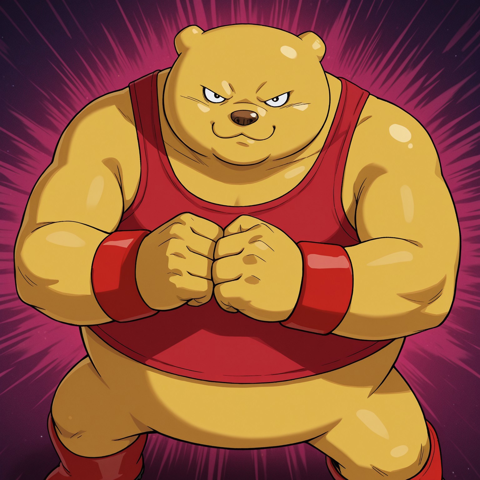 2d, solo, Botamodbs, male, bear, brown nose, male, 1boy, yellow skin, red tanktop, red wristbands, red boots, :3

BREAK best quality, amazing quality, very aesthetic, absurdres, newest, masterpiece, mischievous, looking at viewer, cool pose, fists, standing, abstract background