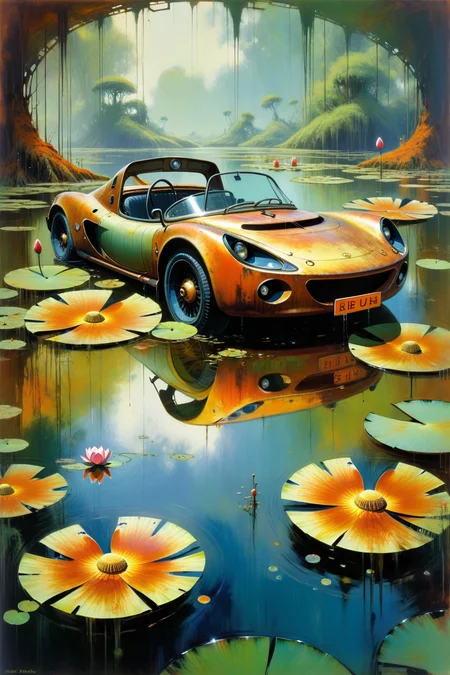 ral-oilspill,<lora:ral-oilspill-sdxl:0.5>,John Berkey Style page,<lora:John_Berkey_Style:0.8>,<lora:EnvyStylizedXL02:0.5>,
a rusted Lotus pond,