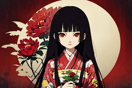 enma ai, hair down, hair black, bangs, eyes red, masterpiece, best quality, ultra-detailed, illustration, 1girl, solo, highres, photorealistic, ultra high res, (Original illustration composition), (fusion of limited color,Maximalism artstyle, kimono obi fashion, double exposure, background, illustration, Amazing, lily spider, night darkness, open one's mouth, fingers, bouquet flowers red, low twintails, (polychromatic peony:1.15), Movie poster,