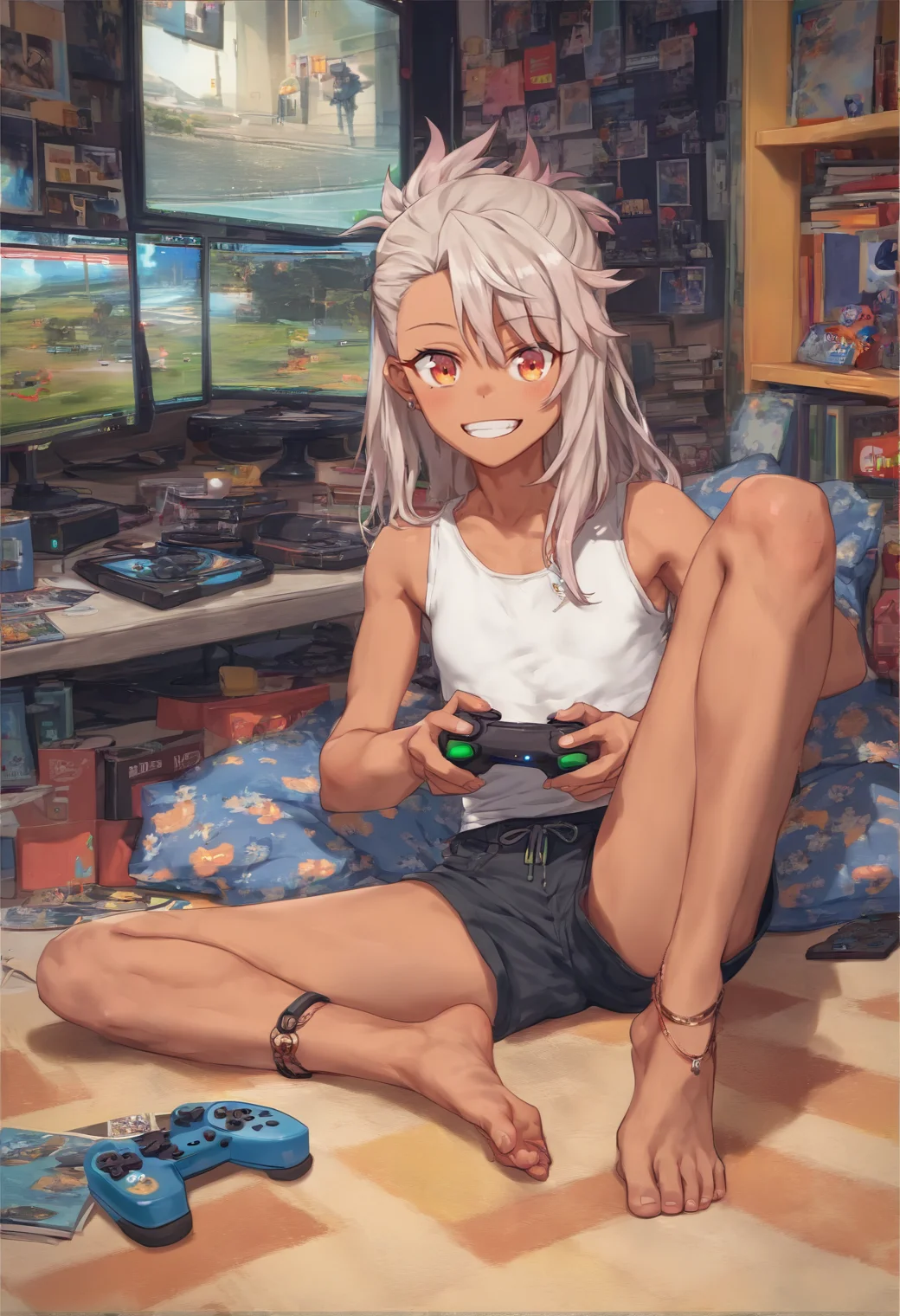score_9, score_8_up, score_7_up, score_6_up, score_5_up, score_4_up, source_anime, masterpiece, 1girl, solo, dark skin, fit, athletic, chloe von einzbern, small earrings, white top, shorts, smile, teeth, anklet, barefoot, sitting on the floor, spread legs, playing games, ((game controller)), unaware, bedroom, looking at viewer, <lora:Kuroboshi pony sdxl_lora:1.25>