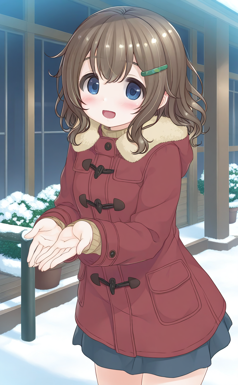 general,highres, ultra-detailed,very aesthetic,best quality ,best hands,  BREAK <lora:Fukami_Nonoka_IS:1> FukamiNonoka, 1girl,solo, bangs, medium hair, brown hair, hairclip, blue eyes, smile, open mouth,
blush, red coat, looking at viewer, skirt, long sleeves, fur trim, winter clothes