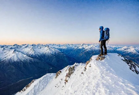 1_man, standing on a mountain peak, snow_covered_mountainBREAK, wearing a hiking backpack