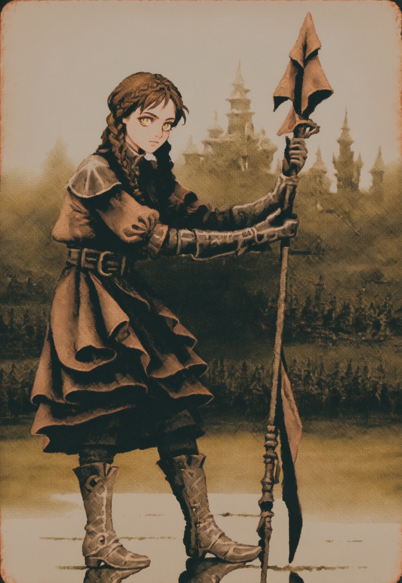 score_9, score_8_up, score_7_up, score_6_up, masterpiece, best quality, very aesthetic, 1girl, solo, from side, brown hair, braids, yellow eyes, blue brigandine, belt, leather gloves, padded leggings, boots, polearm, scabbard BREAK medieval courtyard background, dynamic color, relaxed, contrapposto, dynamic background, warm tone, vermis style