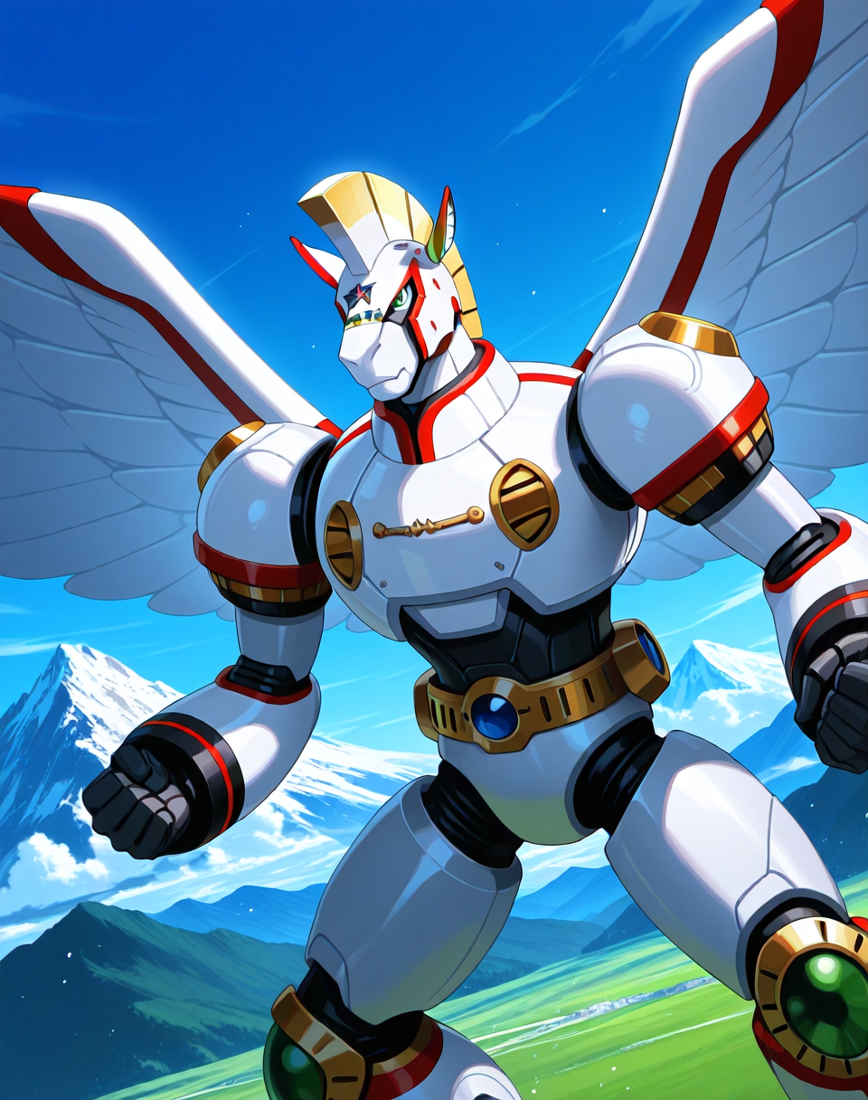 <lora:Spiral_Pegasus_(Mega_Man_X)_(Illustrious)_(AD):1> Spiral Pegasus, reploid, MMX, 
exterior, blue sky with clouds, mountain valley, grassy valley,
dutch angle, dynamic action, cowboy shot,
male focus, intense shadows, dynamic shadows, intricate details, attention to details, gradient coloring, robot, bright vivid colors, deep metallic colors, glossy metal body, wings, fighting stance,
BREAK very awa, masterpiece, best quality, amazing quality, very aesthetic, highres, absurdres,
EZRealPONYXL, zPDXL, Smooth Quality, lazynsfw,