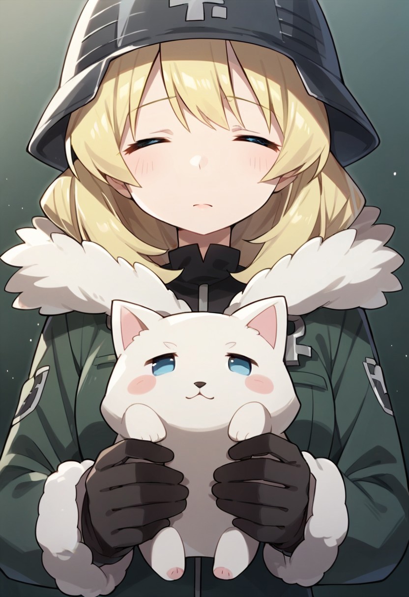 score_9, score_8_up, score_7_up, source_anime,yuuri, blonde hair, blue eyes, 1girl, helmet, holding animal, closed eyes, gloves,, military helmet, fur trim, military, animal, solo, military uniform