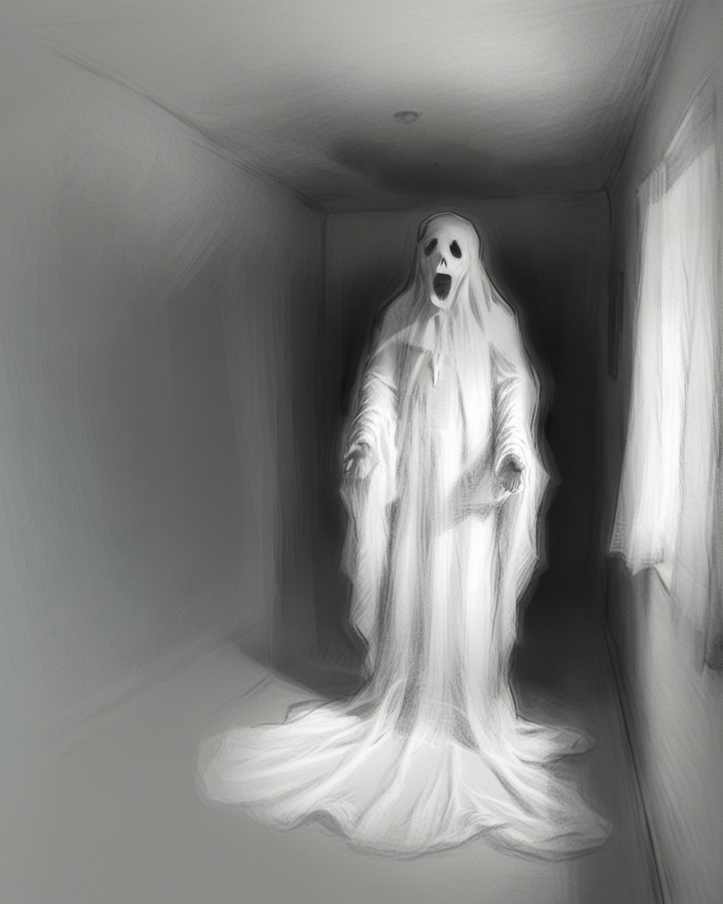 pixeldust_sketch, (white sheet ghost, transparent ghostly apparition, empty room, subtle illumination creating an otherworldly appearance)0.9, scream