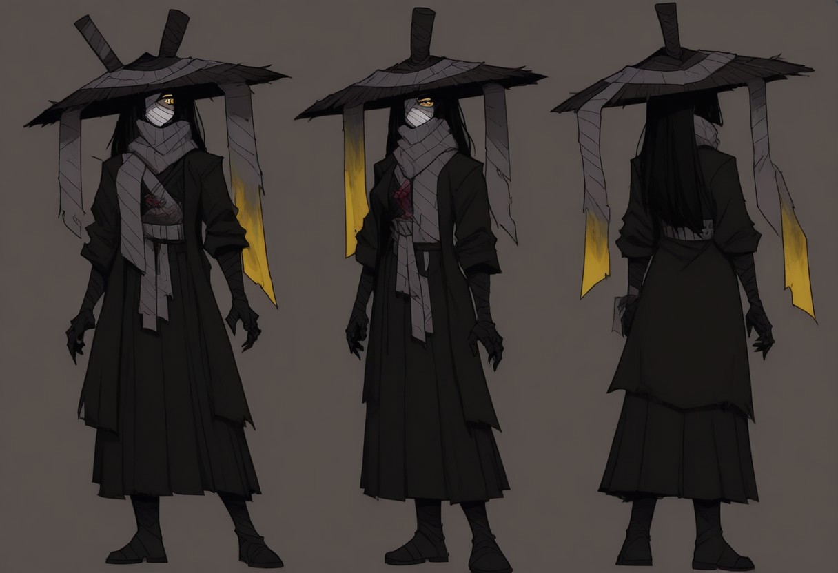 w3st3rnt00n, artist:moriimee, reference sheet, (full body, from side, front:1.1, from behind:0.8), upper body, cartoon, ZiluLimbus,dark-skinned female, long hair, black hair, yellow eyes, covered face, bandages, bandage over mouth, bandage over one eye, bandaged head, ,black asian conical hat, grey scarf, black kimono, black hakama, black coat, open coat, belt, black clawed gloves, black boots contrapposto, masterpiece,best quality,amazing quality,highres, simple background, dark gray background