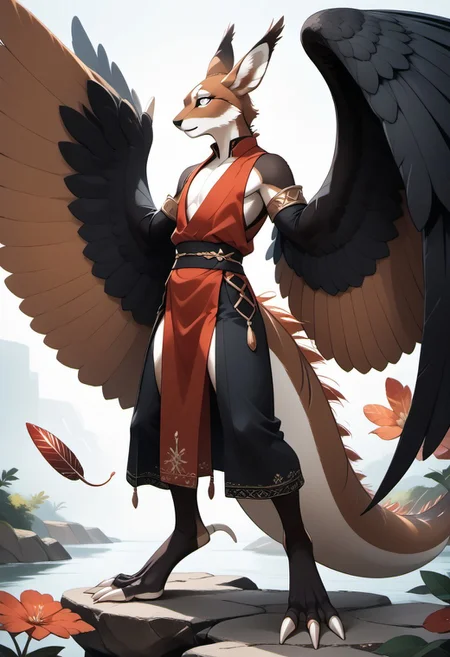 1person, Palagiri, long toes, nimble toes, handfeet, anthro, ((wing arms, large wings, no hands)), feline features, feline nose, thick tail, long tail, tapering tail, feather tipped tail, digitigrade legs,
3/4 view, perfect tail, perfect wings,
Source: anime, score: 9, score: 8up,
