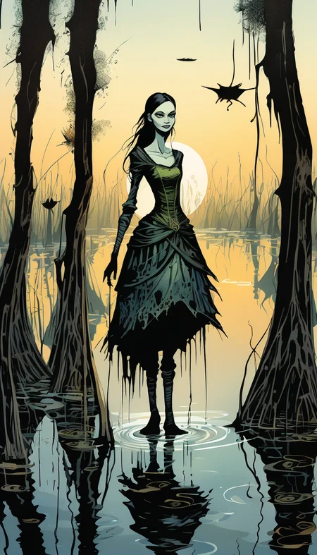 positiv Clip L: diterlizziartai swamp creaure an award-winning, of a bautiful woman, positiv Clip G: diterlizziartai swamp creaure an award-winning, of a skinny Gothic woman, sunset in the background,